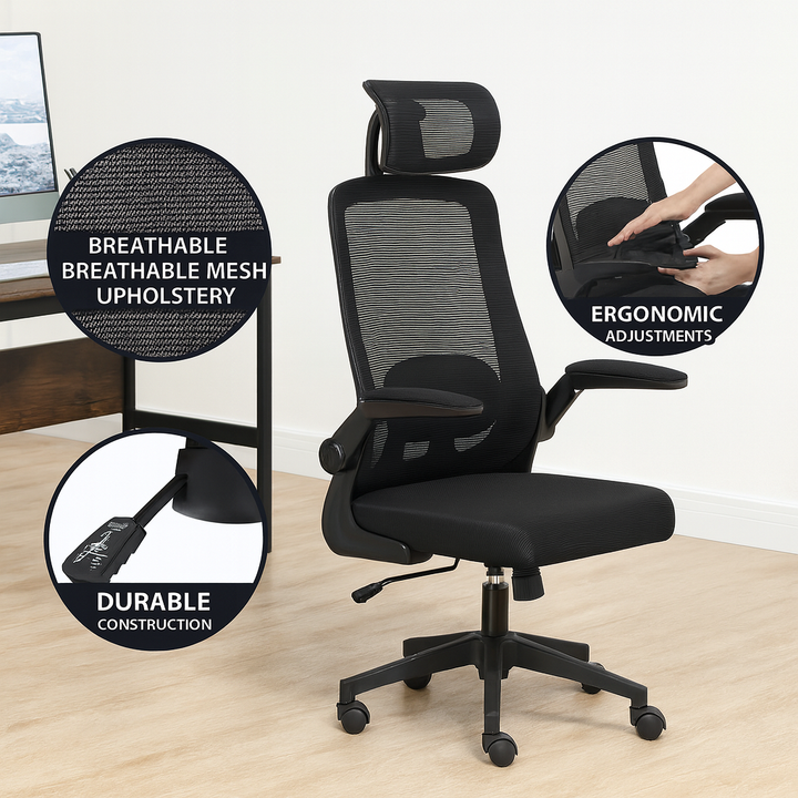 HOMCOM Black Mesh Ergonomic Office Chair – High Back Desk Chair with Flip-Up Armrests & Adjustable Support | Executive Office Furniture | Trufairs