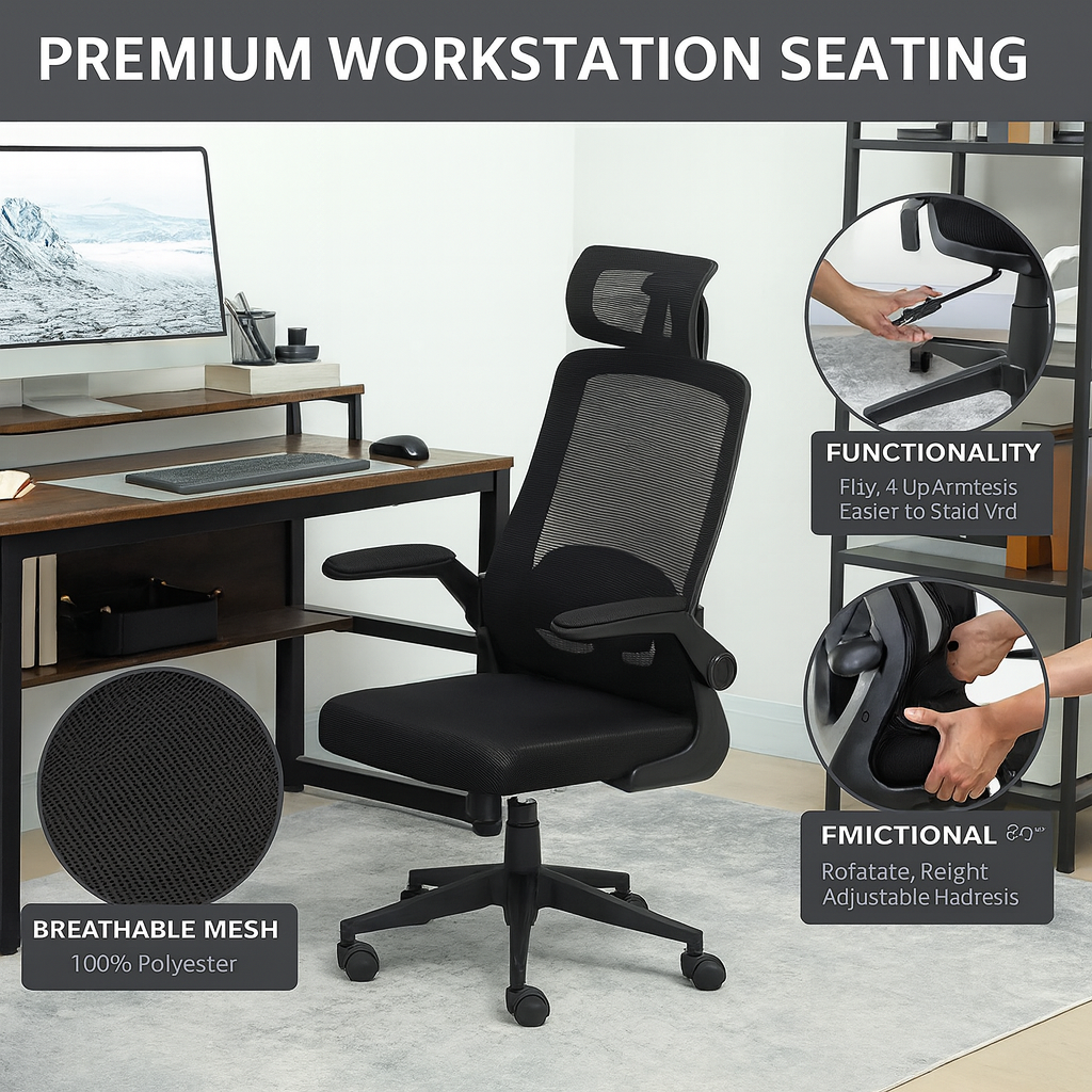 HOMCOM Black Mesh Ergonomic Office Chair – High Back Desk Chair with Flip-Up Armrests & Adjustable Support | Executive Office Furniture | Trufairs