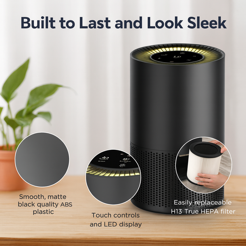 Black Large Room HEPA Air Purifier – 1300ft² Coverage with 3-Stage Filtration | Smart Air Cleaner Machine | Trufairs