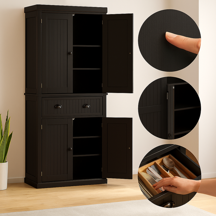UrbanVista Tall Storage Cabinet – 4 Doors & Central Drawer | Kitchen Pantry | Trufairs