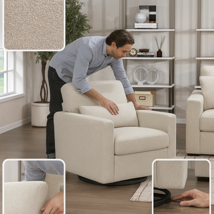 Modern Swivel Accent Chair – Plush Beige Boucle Upholstery & Solid Wood Base | Ergonomic Living Room Furniture | Trufairs