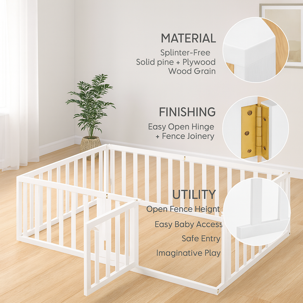 Twin Size Montessori Floor Bed Frame with Fence & Door – Secure Kids Playhouse Bed | White Wood Toddler Bed | Trufairs