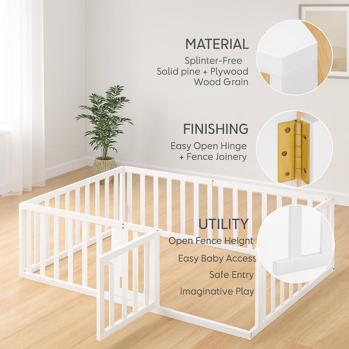 Twin Size Montessori Floor Bed Frame with Fence & Door – Secure Kids Playhouse Bed | White Wood Toddler Bed | Trufairs
