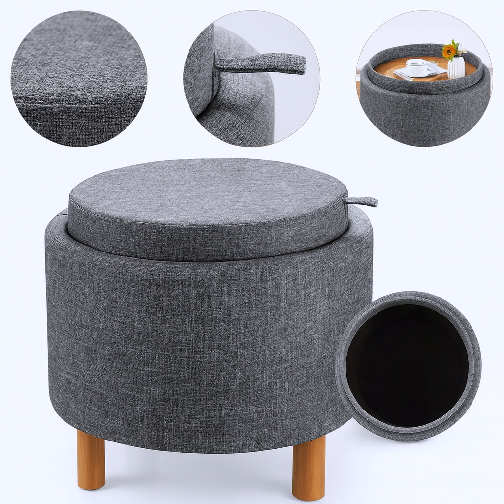 Round Upholstered Storage Ottoman – Tray Top & Non-Slip Pads | Bedroom/Living Room Accent | Trufairs