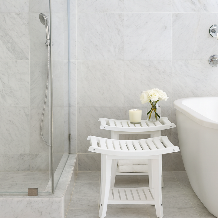Heavy-Duty Waterproof Bath Stool – Curved Seat & 2-Tier Storage Shelf | Non-Slip Shower Bench | Trufairs