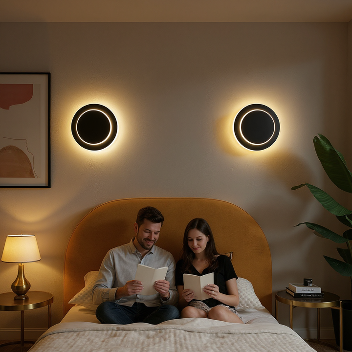 Dual Halo Wall Light – Matte-Black LED Ambience | Modern Wall Lamp | Trufairs
