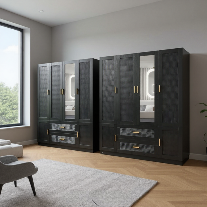 Modern Black Wardrobe – 3 Doors, Hanging Rods & Storage Drawers | Large Capacity Closet Cabinet | Trufairs