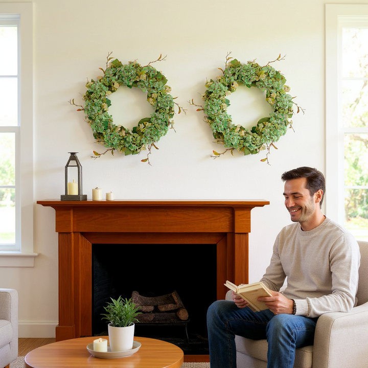 Green Hydrangea Seedum Wreath – Fresh Spring Circle Accent | Artificial Floral Decor | Trufairs