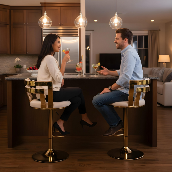 Modern Bar chair(set of 2 ) with golden color iron tube legs, soft cushions and comfortable backrest, suitable for dining room, living room, cafe,Bar stool,white