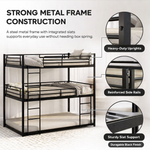 Full-over-full metal bunk bed diagram showing a two-sleeper space-saving layout