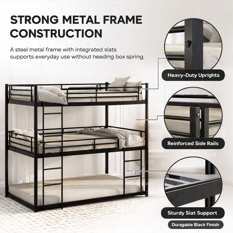 Full-over-full metal bunk bed diagram showing a two-sleeper space-saving layout