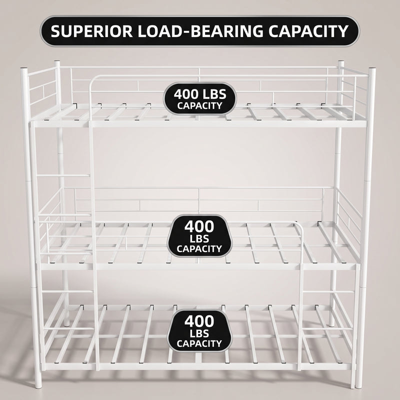 Full-over-full metal bunk bed diagram showing a two-sleeper space-saving layout