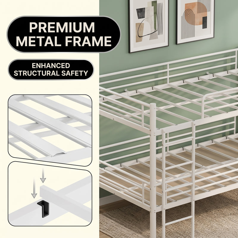 Full-over-full metal bunk bed diagram showing a two-sleeper space-saving layout