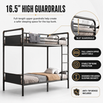 Full-over-full metal bunk bed diagram showing a two-sleeper space-saving layout