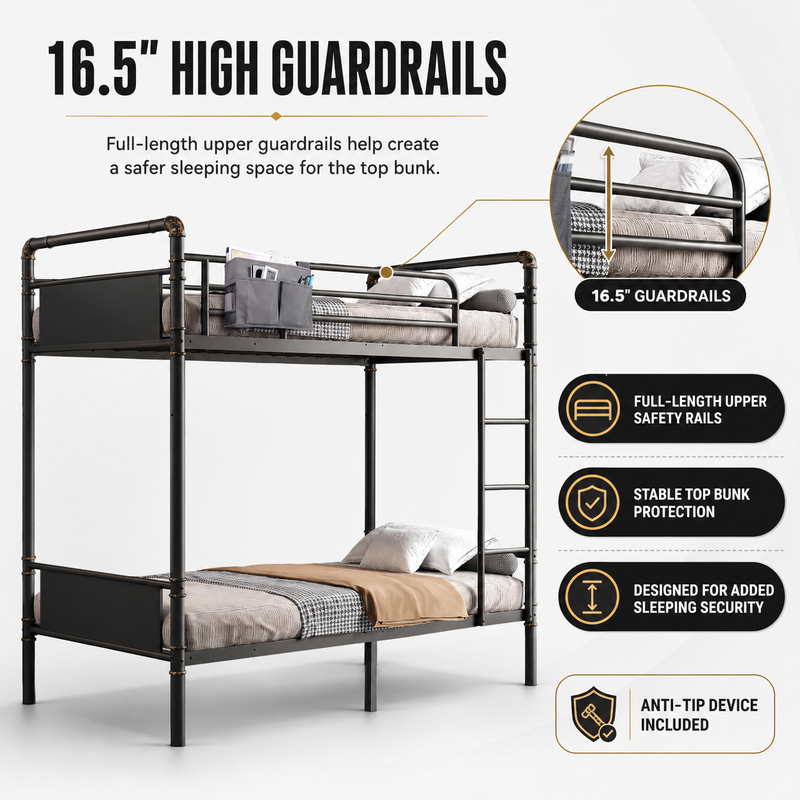 Full-over-full metal bunk bed diagram showing a two-sleeper space-saving layout