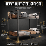 Full-over-full metal bunk bed diagram showing a two-sleeper space-saving layout