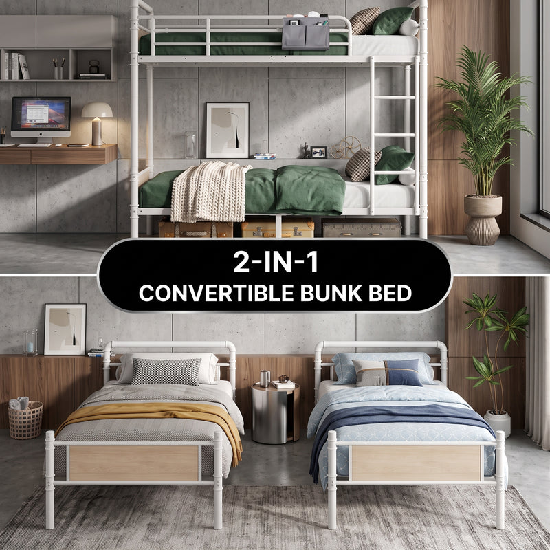 Full-over-full metal bunk bed diagram showing a two-sleeper space-saving layout