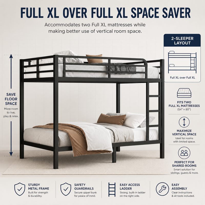 Full-over-full metal bunk bed diagram showing a two-sleeper space-saving layout