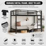 Full-over-full metal bunk bed diagram showing a two-sleeper space-saving layout
