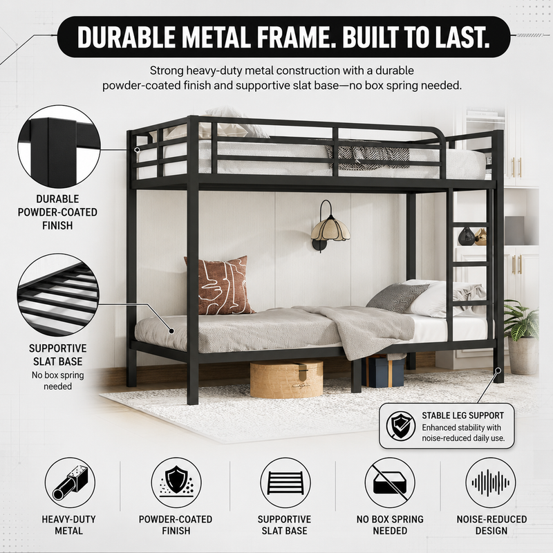 Full-over-full metal bunk bed diagram showing a two-sleeper space-saving layout