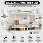 Full-over-full metal bunk bed diagram showing a two-sleeper space-saving layout
