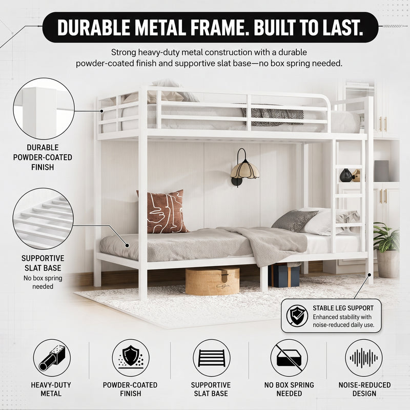 Full-over-full metal bunk bed diagram showing a two-sleeper space-saving layout