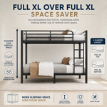 Full-over-full metal bunk bed diagram showing a two-sleeper space-saving layout
