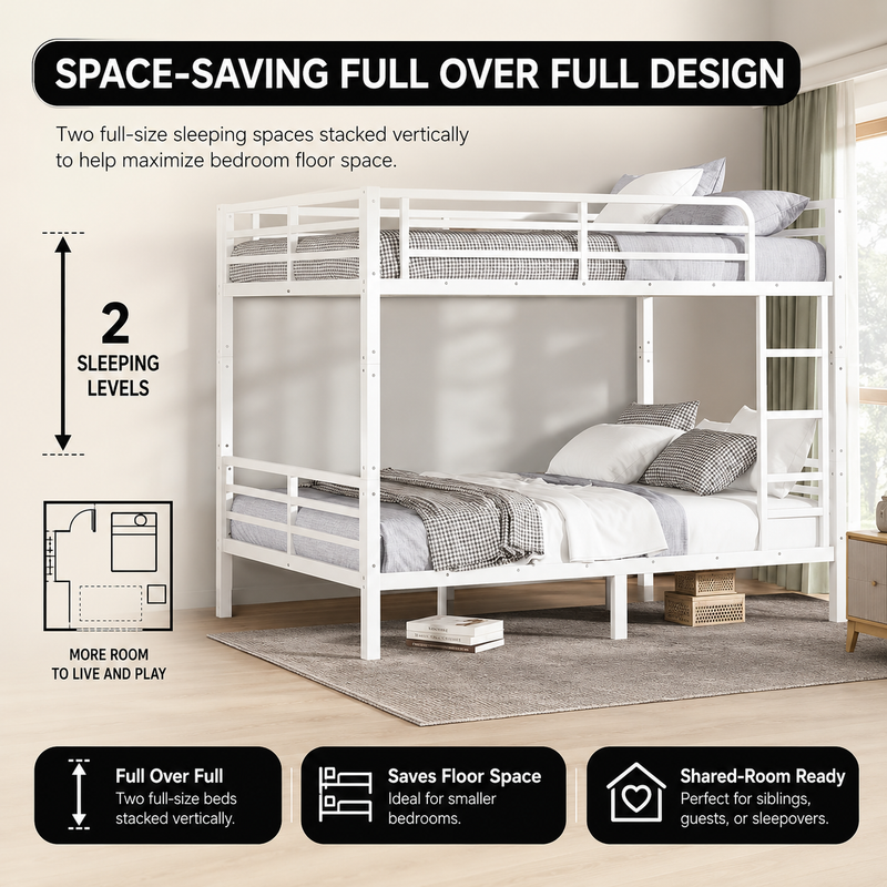 Full-over-full metal bunk bed diagram showing a two-sleeper space-saving layout