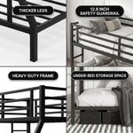 Full-over-full metal bunk bed diagram showing a two-sleeper space-saving layout