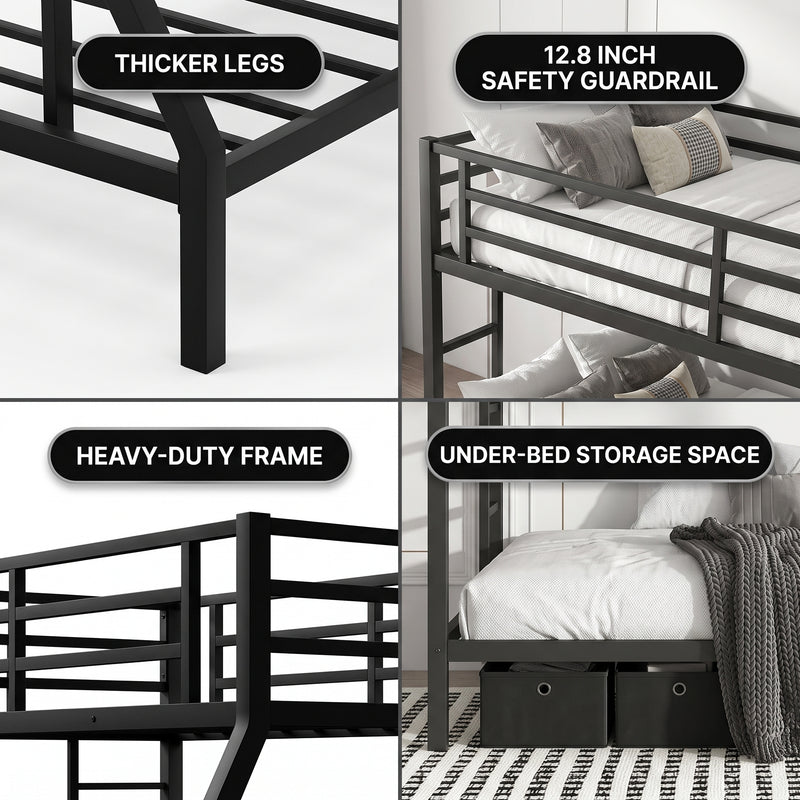 Full-over-full metal bunk bed diagram showing a two-sleeper space-saving layout