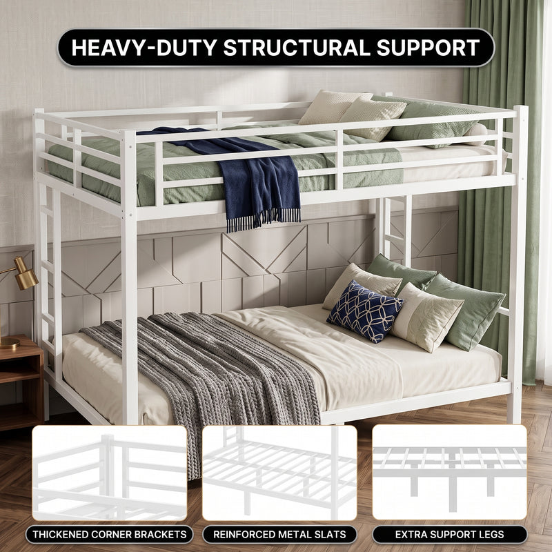 Full-over-full metal bunk bed diagram showing a two-sleeper space-saving layout