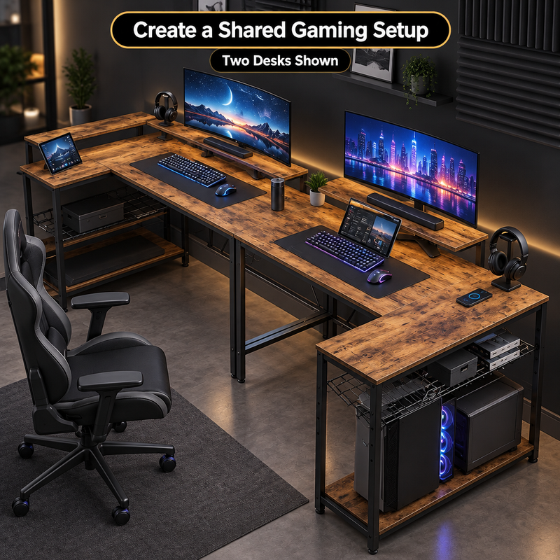Built-in desktop power panel with AC outlets and USB ports charging an electronic device