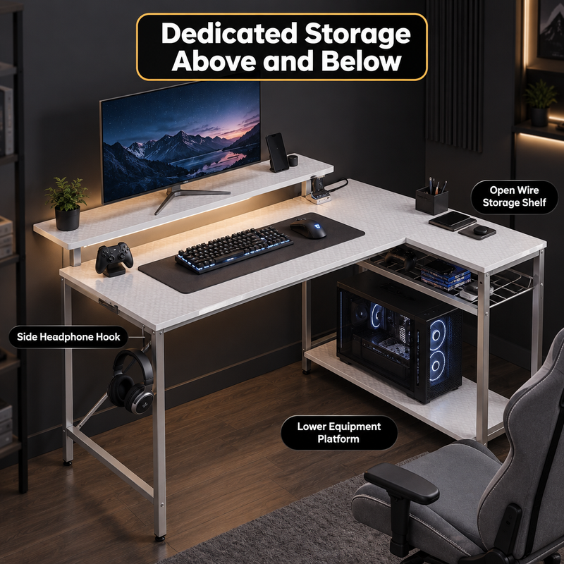 Built-in desktop power panel with AC outlets and USB ports charging an electronic device