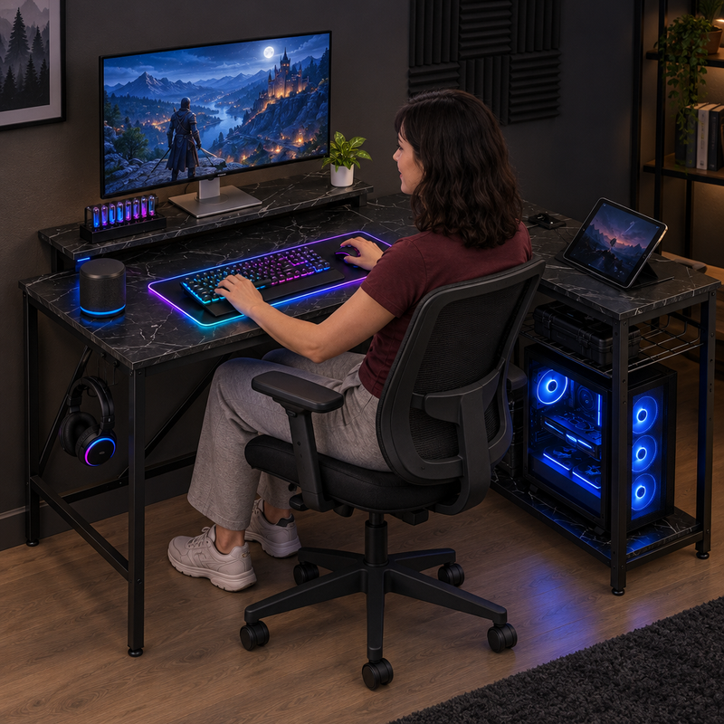 Close-up of the RGB LED strip under the monitor shelf showing multiple lighting modes and colors