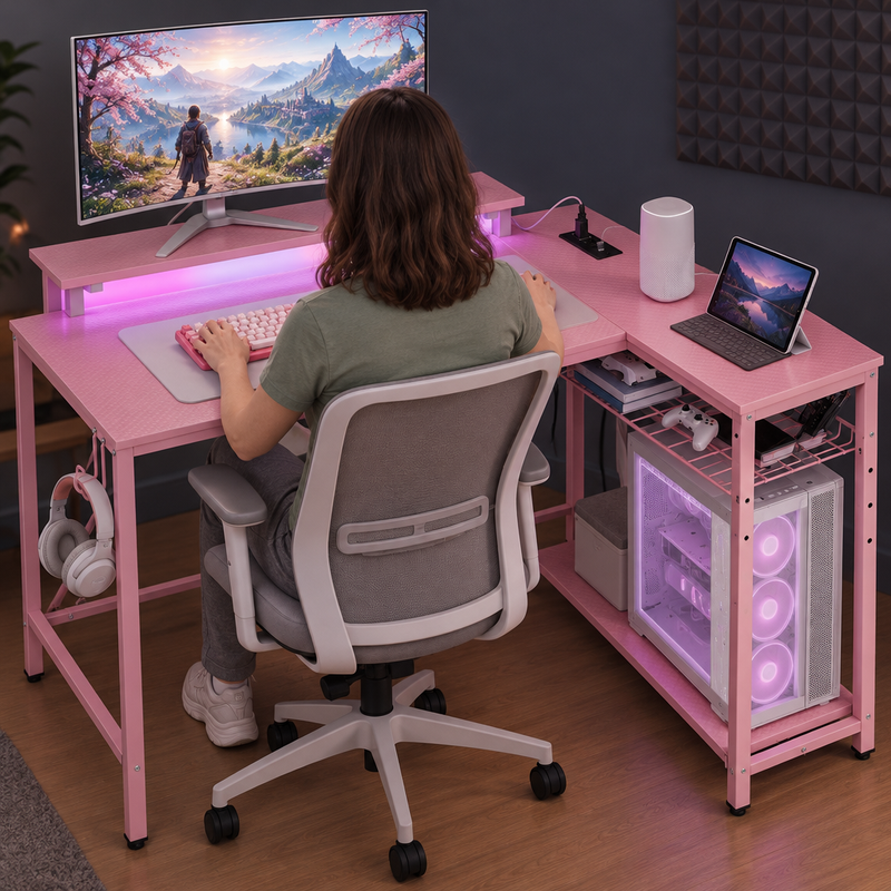 Close-up of the RGB LED strip under the monitor shelf showing multiple lighting modes and colors