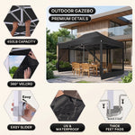 Feature callouts for the outdoor gazebo including frame joints, sliders and foot pads, with a khaki gazebo on a patio