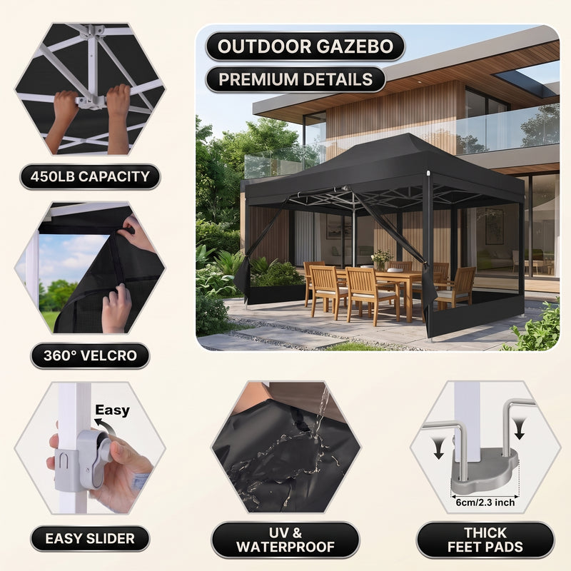 Feature callouts for the outdoor gazebo including frame joints, sliders and foot pads, with a khaki gazebo on a patio