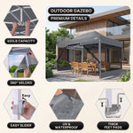 Feature callouts for the outdoor gazebo including frame joints, sliders and foot pads, with a khaki gazebo on a patio
