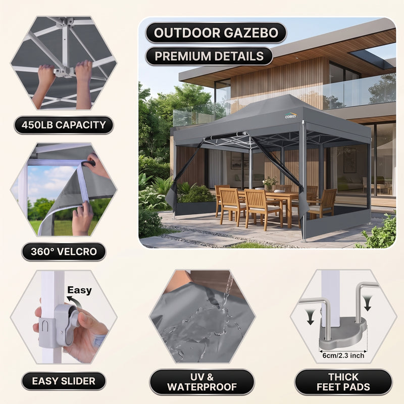 Feature callouts for the outdoor gazebo including frame joints, sliders and foot pads, with a khaki gazebo on a patio
