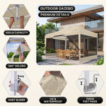 Feature callouts for the outdoor gazebo including frame joints, sliders and foot pads, with a khaki gazebo on a patio