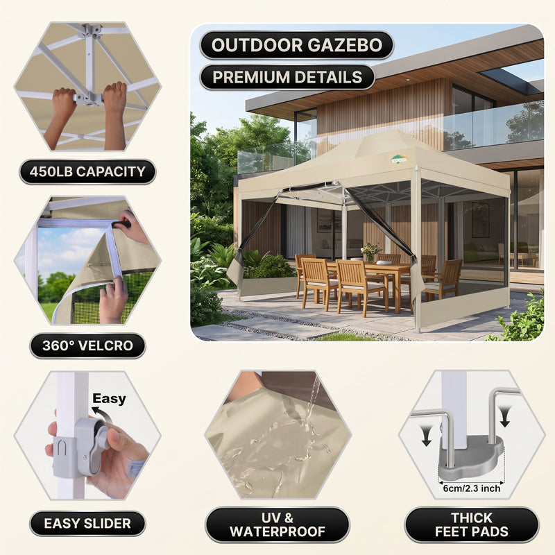 Feature callouts for the outdoor gazebo including frame joints, sliders and foot pads, with a khaki gazebo on a patio