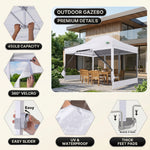 Feature callouts for the outdoor gazebo including frame joints, sliders and foot pads, with a khaki gazebo on a patio