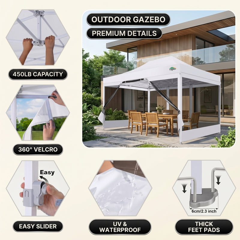 Feature callouts for the outdoor gazebo including frame joints, sliders and foot pads, with a khaki gazebo on a patio