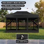 Khaki gazebo with high-density mesh netting sidewalls in a green backyard, with a close-up of the double-head zipper