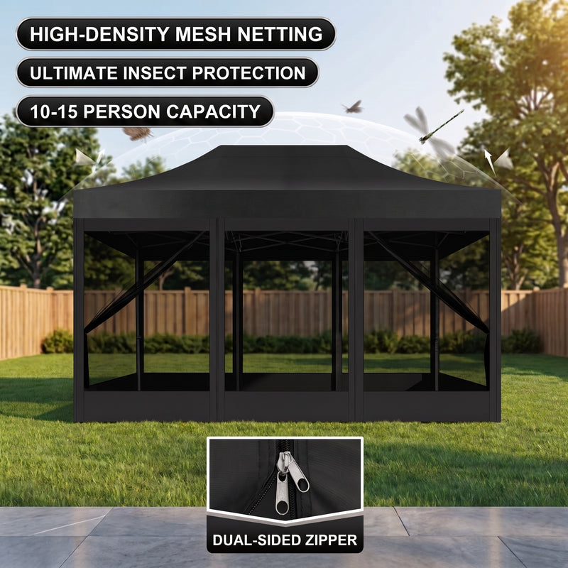 Khaki gazebo with high-density mesh netting sidewalls in a green backyard, with a close-up of the double-head zipper