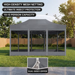 Khaki gazebo with high-density mesh netting sidewalls in a green backyard, with a close-up of the double-head zipper