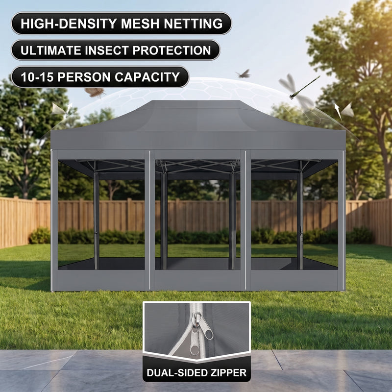 Khaki gazebo with high-density mesh netting sidewalls in a green backyard, with a close-up of the double-head zipper
