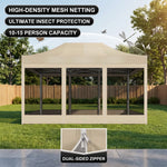 Khaki gazebo with high-density mesh netting sidewalls in a green backyard, with a close-up of the double-head zipper