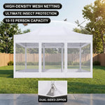 Khaki gazebo with high-density mesh netting sidewalls in a green backyard, with a close-up of the double-head zipper
