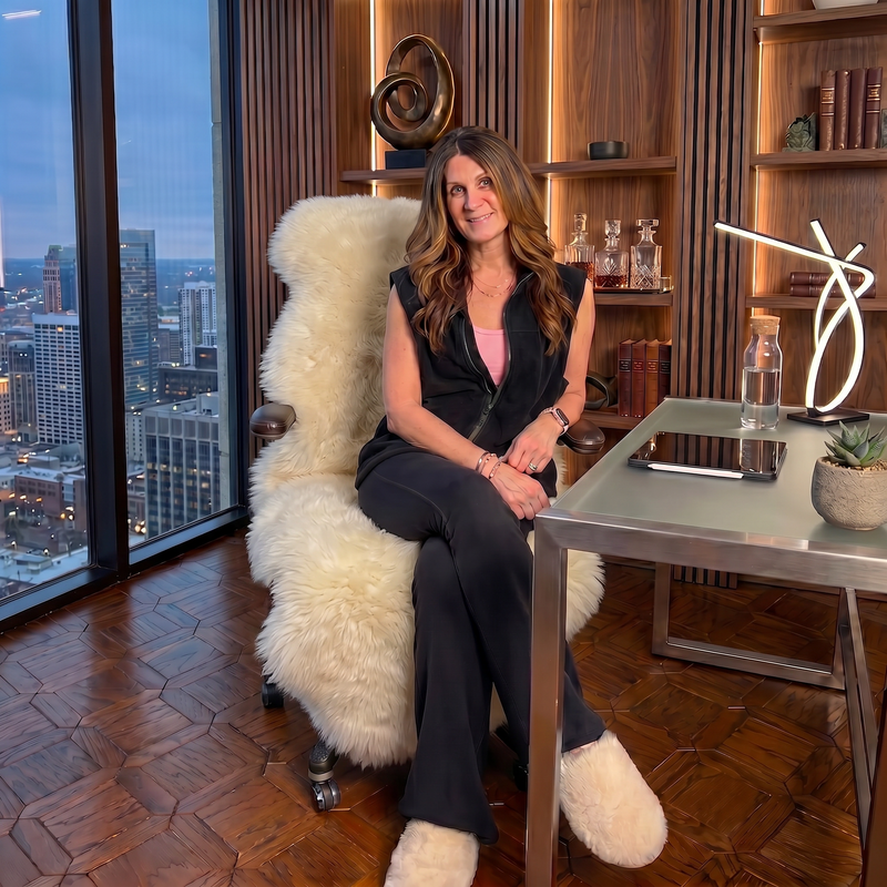 Tan genuine sheepskin rug draped over a modern office chair in a high-rise workspace